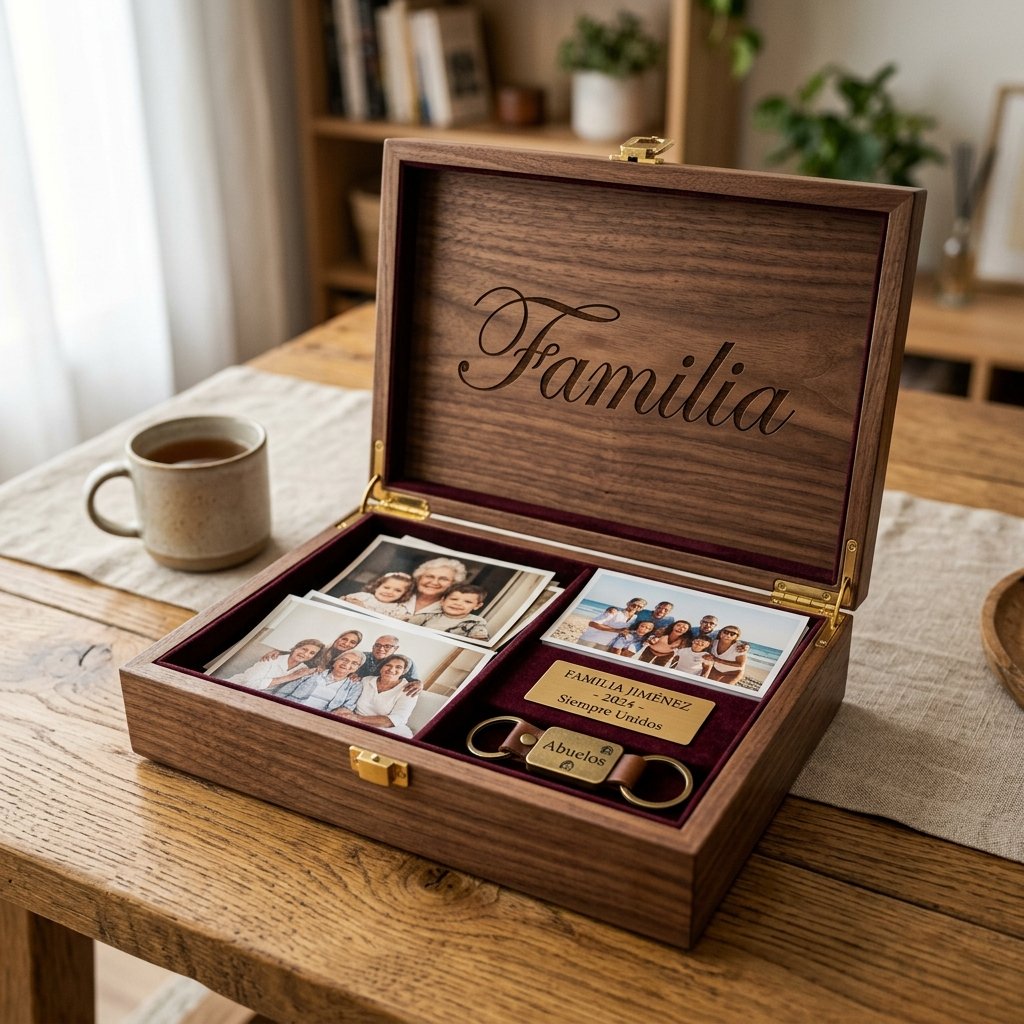 Caja de recuerdos premium en madera con fotografías, tarjetas y placa memorial